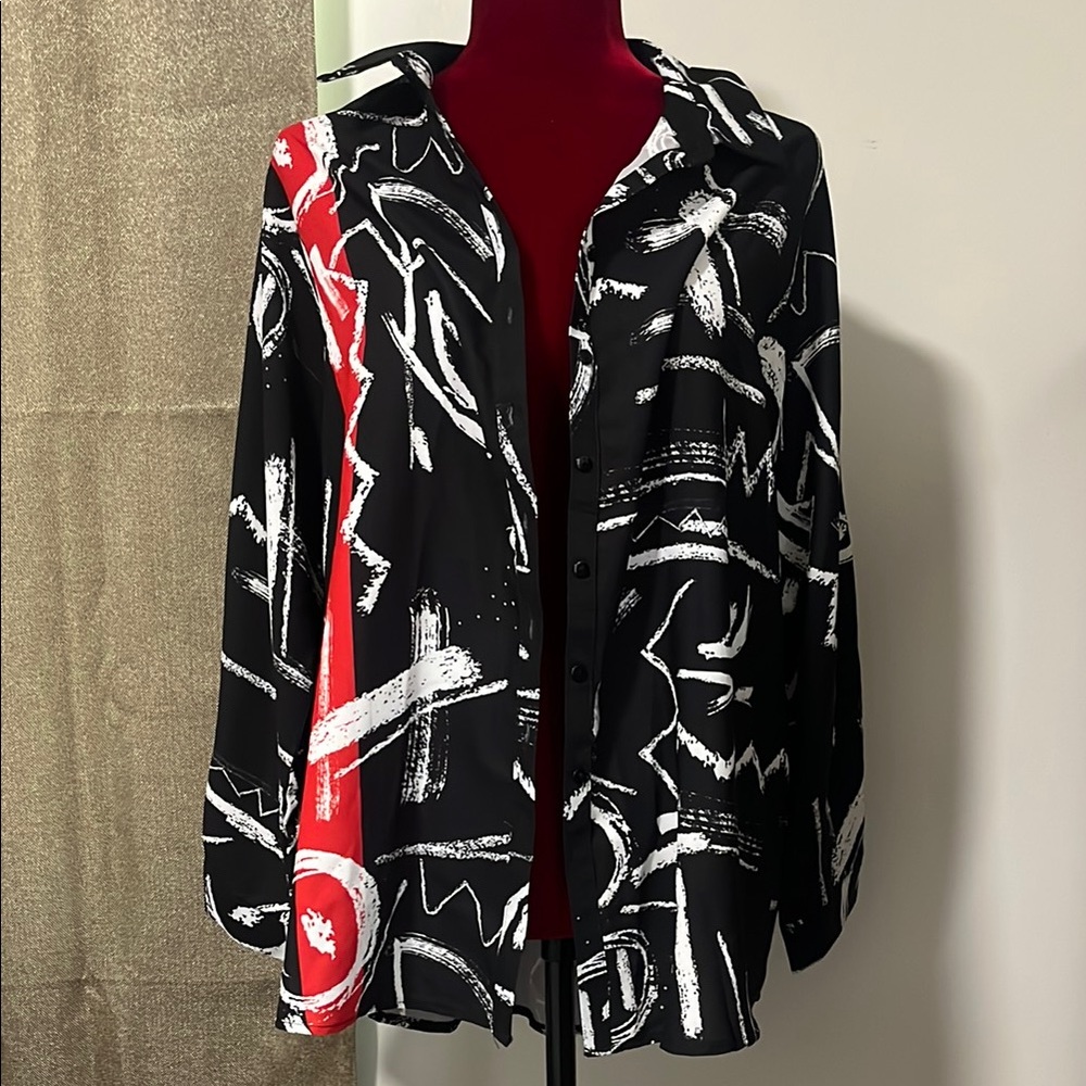 Abstract Black and Red Button Down Shirt size XL